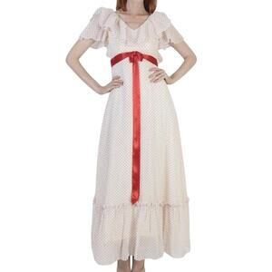 Vtg White Swiss Dot Cocktail Party Dress Southern Belle Prom High Waist Belt Max